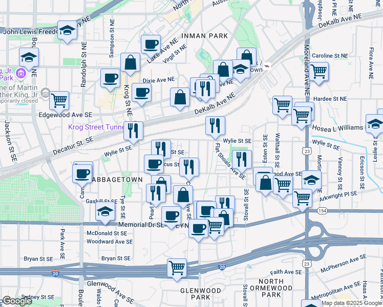map of restaurants, bars, coffee shops, grocery stores, and more near 84 Chester Avenue Southeast in Atlanta