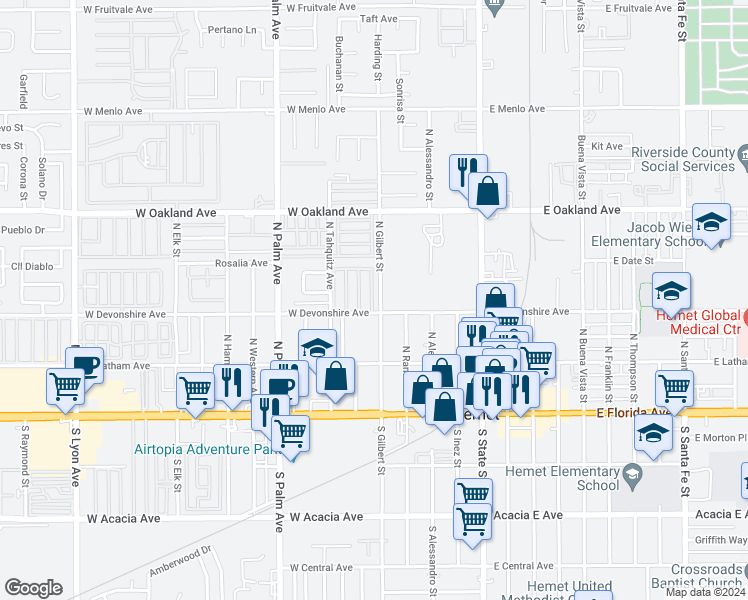 map of restaurants, bars, coffee shops, grocery stores, and more near 530 Devonshire Avenue in Hemet