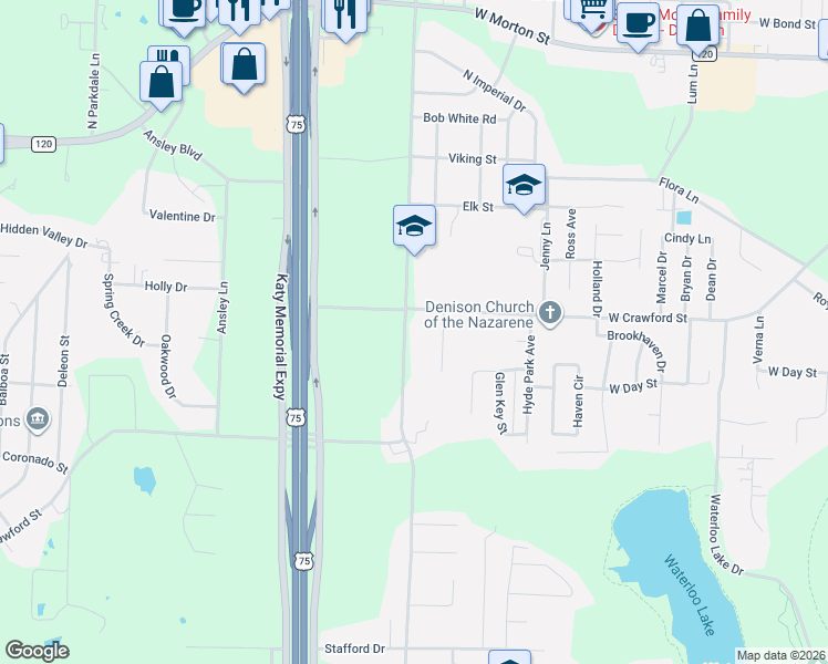 map of restaurants, bars, coffee shops, grocery stores, and more near 619 Kerby Drive in Denison