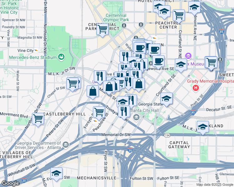 map of restaurants, bars, coffee shops, grocery stores, and more near 117 Peachtree Street in Atlanta