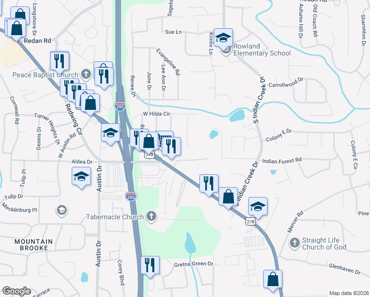 map of restaurants, bars, coffee shops, grocery stores, and more near 4029 Phylis Place in Decatur