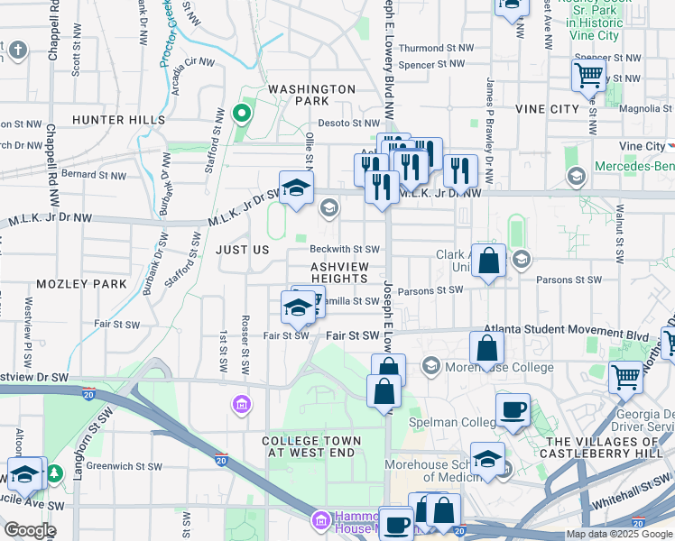 map of restaurants, bars, coffee shops, grocery stores, and more near 988 Palmetto Avenue Southwest in Atlanta