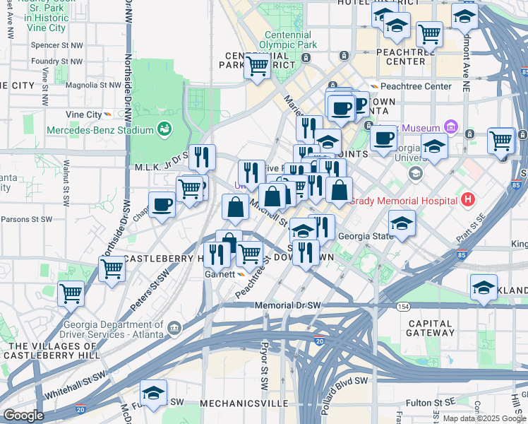 map of restaurants, bars, coffee shops, grocery stores, and more near 210 Mitchell Street Southwest in Atlanta