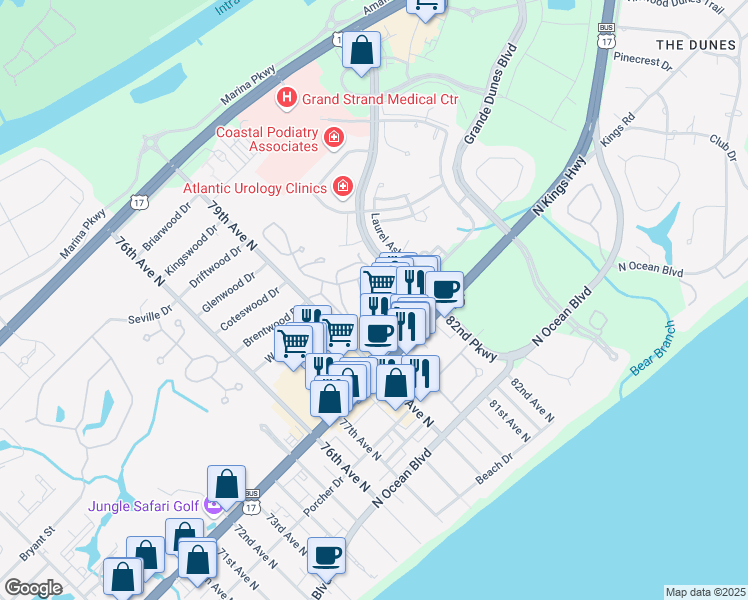 map of restaurants, bars, coffee shops, grocery stores, and more near 11 Valencia Circle in Myrtle Beach