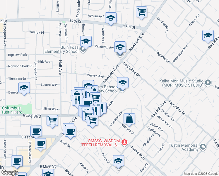 map of restaurants, bars, coffee shops, grocery stores, and more near 12720 Newport Avenue in Tustin