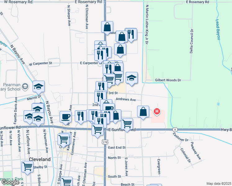 map of restaurants, bars, coffee shops, grocery stores, and more near 3rd Street in Cleveland