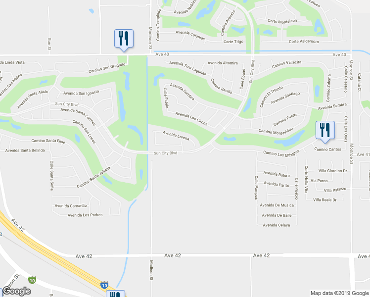 map of restaurants, bars, coffee shops, grocery stores, and more near 40942 Calle Claro in Indio