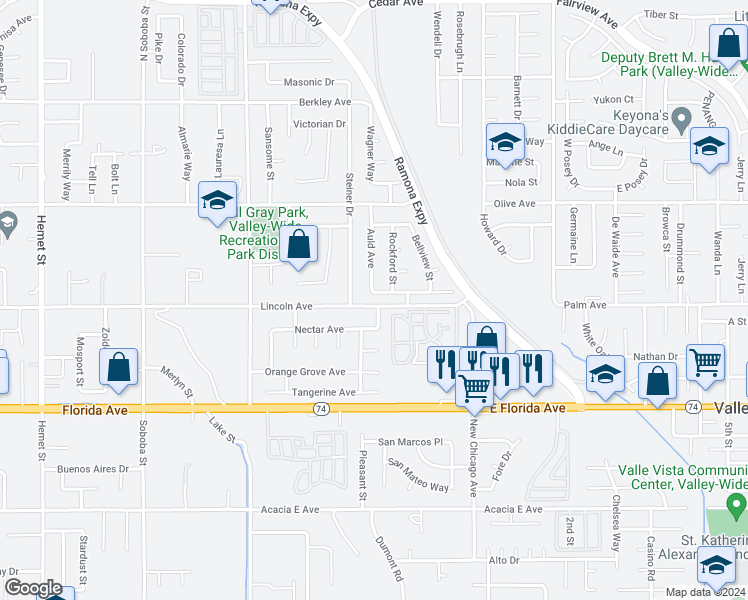 map of restaurants, bars, coffee shops, grocery stores, and more near 43053 Babcock Avenue in Hemet