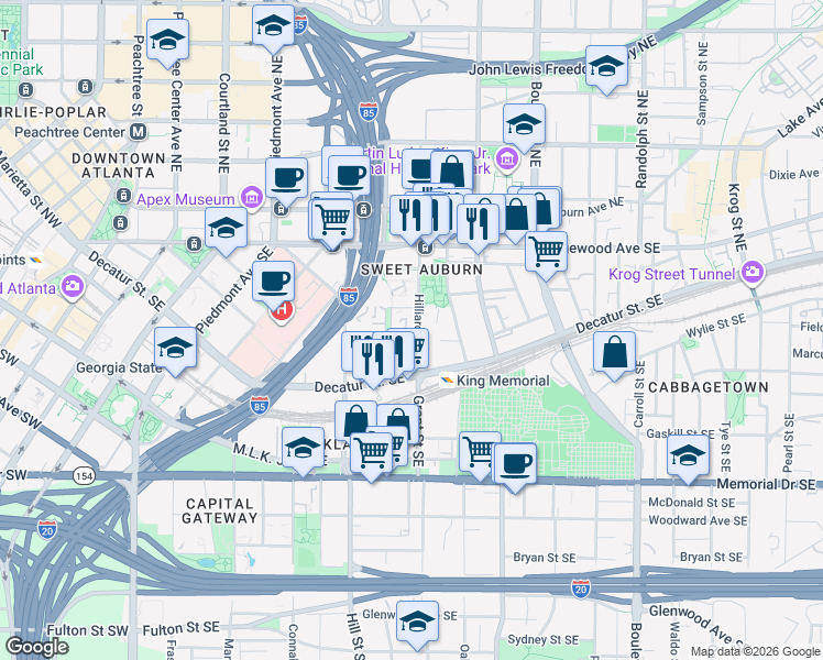 map of restaurants, bars, coffee shops, grocery stores, and more near 115 Hilliard Street Southeast in Atlanta