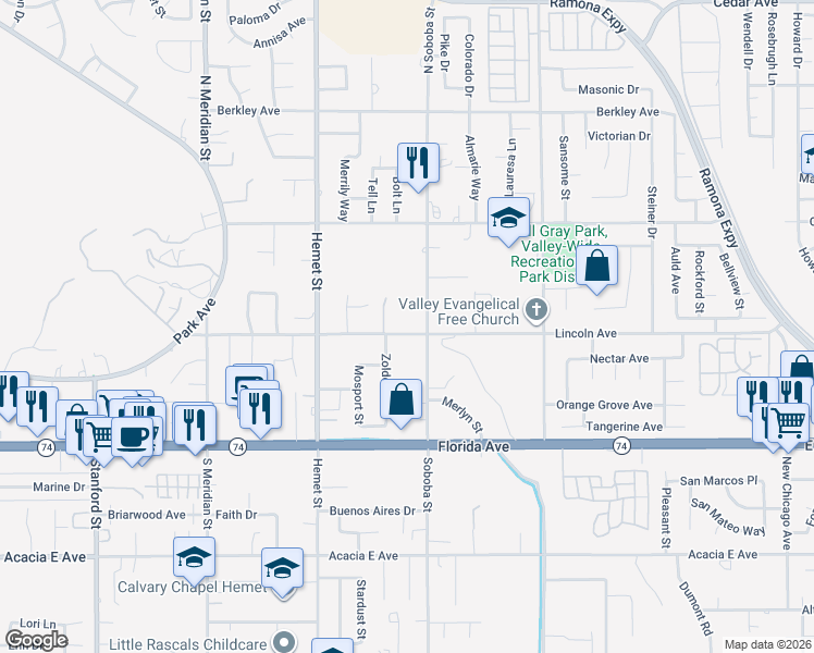 map of restaurants, bars, coffee shops, grocery stores, and more near 4822 East Lincoln Avenue in Hemet