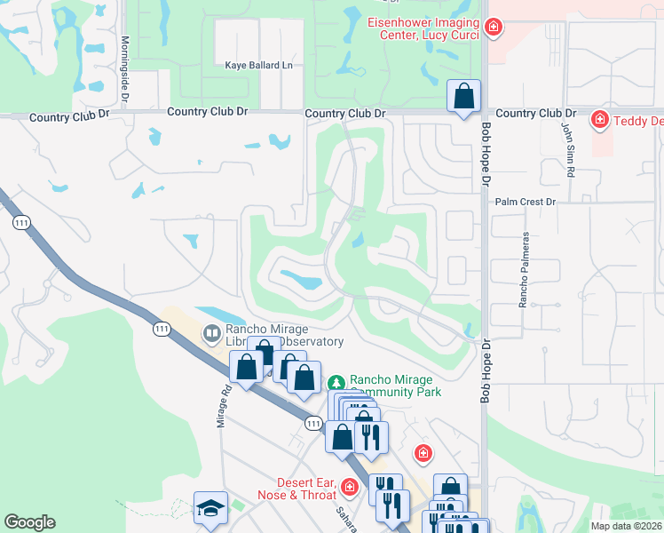 map of restaurants, bars, coffee shops, grocery stores, and more near 43 Sunrise Drive in Rancho Mirage