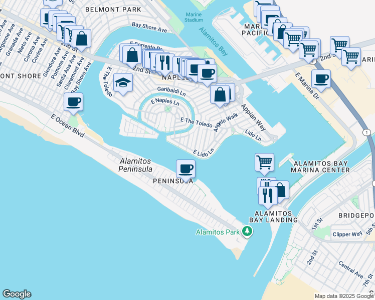 map of restaurants, bars, coffee shops, grocery stores, and more near 5803 East Corso Di Napoli in Long Beach