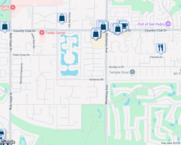 map of restaurants, bars, coffee shops, grocery stores, and more near 13 Bellisimo Court in Rancho Mirage