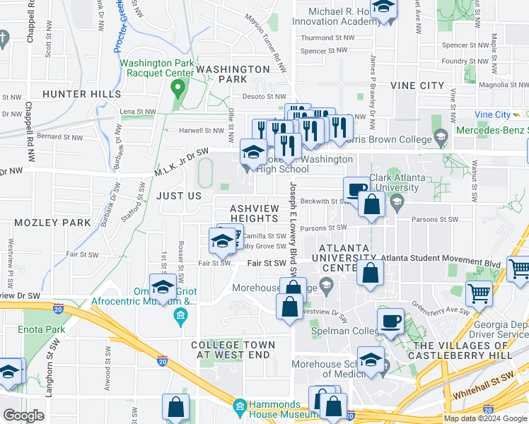 map of restaurants, bars, coffee shops, grocery stores, and more near 970 Palmetto Avenue Southwest in Atlanta