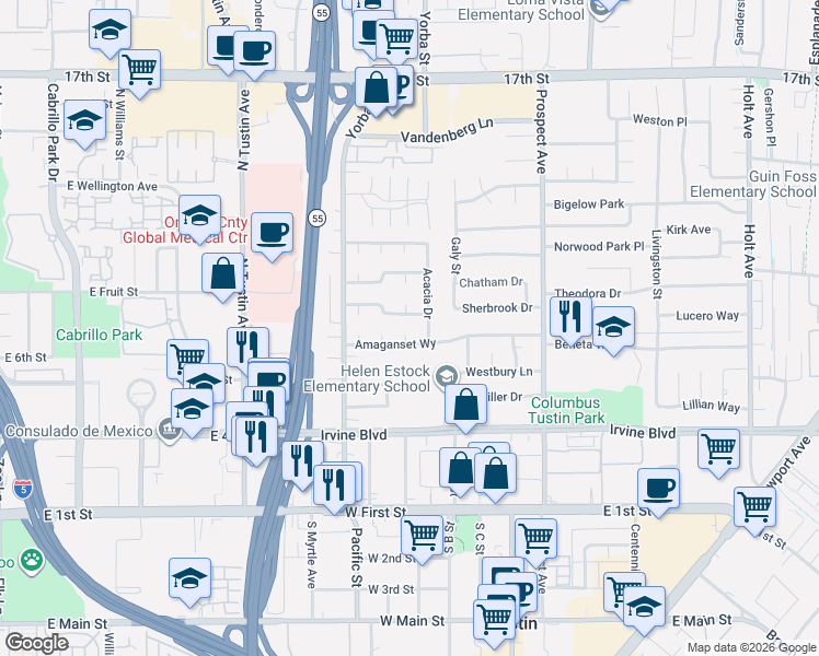 map of restaurants, bars, coffee shops, grocery stores, and more near 17481 Amaganset Way in Tustin