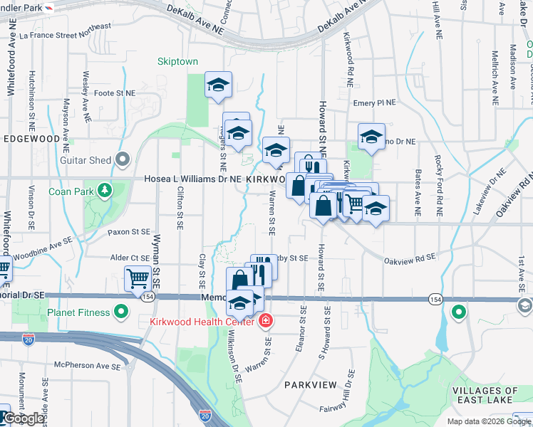 map of restaurants, bars, coffee shops, grocery stores, and more near 57 Warren Street Southeast in Atlanta