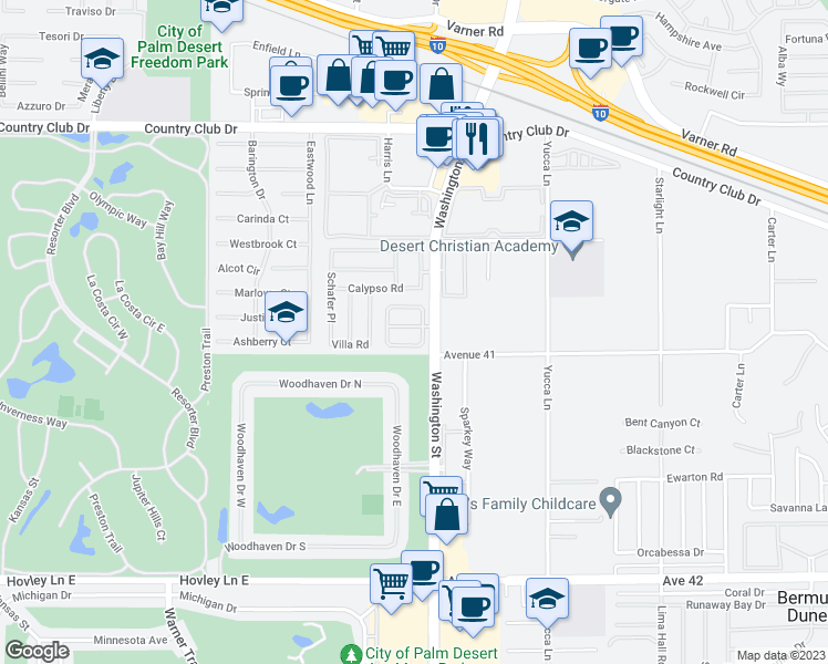 map of restaurants, bars, coffee shops, grocery stores, and more near 40913 Whirling Wind Drive in Palm Desert