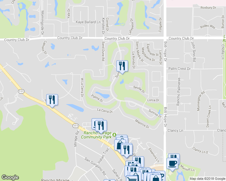 map of restaurants, bars, coffee shops, grocery stores, and more near 40 Sunrise Drive in Rancho Mirage