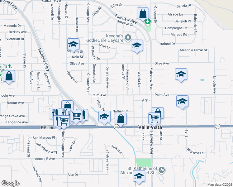 map of restaurants, bars, coffee shops, grocery stores, and more near 43715 Elliot Court in Hemet