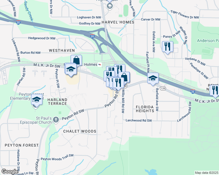 map of restaurants, bars, coffee shops, grocery stores, and more near 10 Peyton Road Southwest in Atlanta