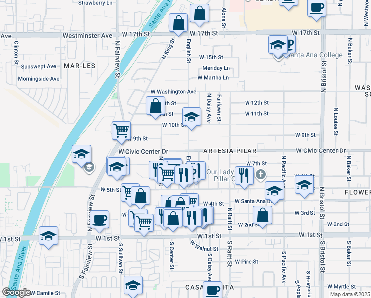 map of restaurants, bars, coffee shops, grocery stores, and more near 802 English Street in Santa Ana