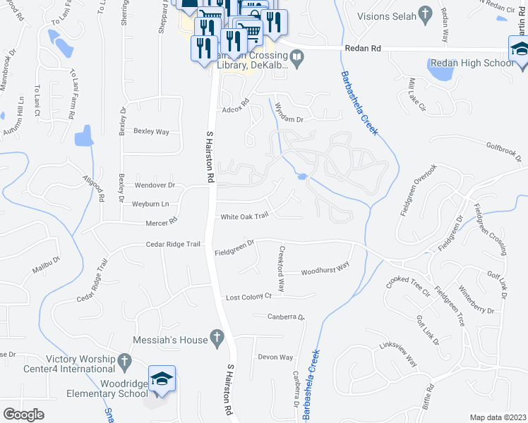 map of restaurants, bars, coffee shops, grocery stores, and more near 4784 White Oak Trail in Stone Mountain