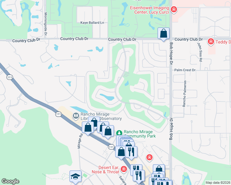 map of restaurants, bars, coffee shops, grocery stores, and more near 47 Sunrise Drive in Rancho Mirage