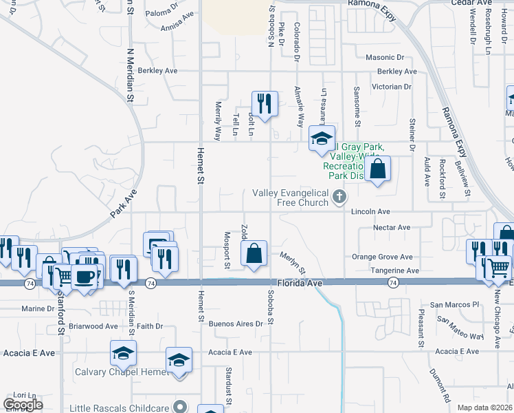 map of restaurants, bars, coffee shops, grocery stores, and more near 4822 East Lincoln Avenue in Hemet