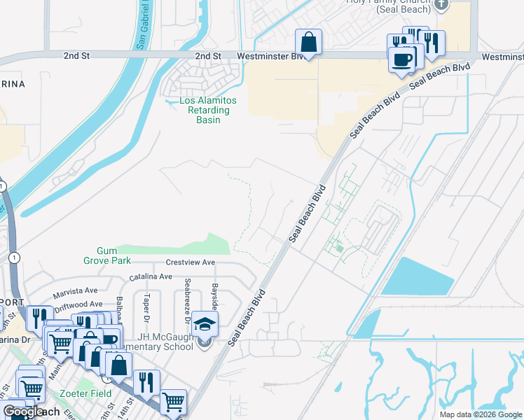 map of restaurants, bars, coffee shops, grocery stores, and more near 945 Blue Heron in Seal Beach