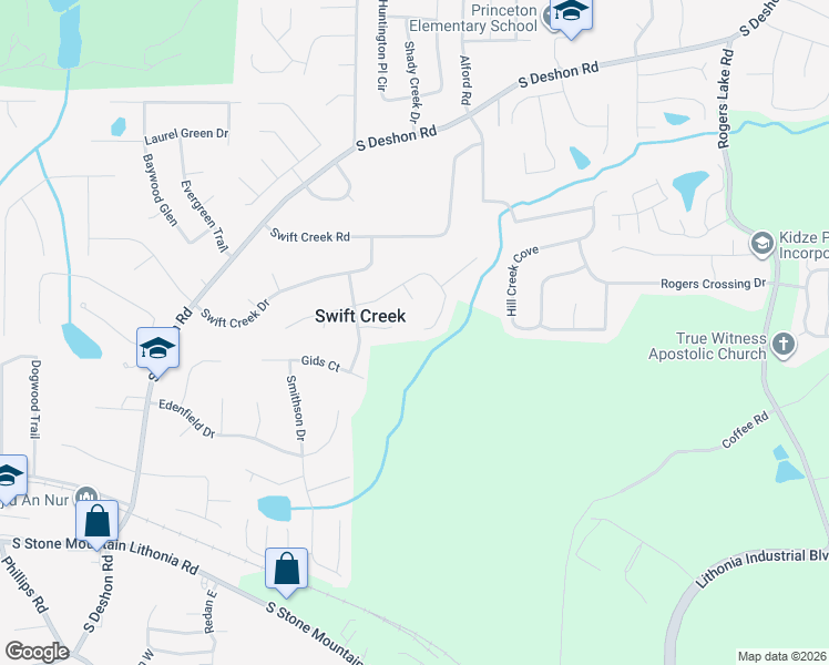map of restaurants, bars, coffee shops, grocery stores, and more near 6668 Rebecca Lou Lane in Lithonia