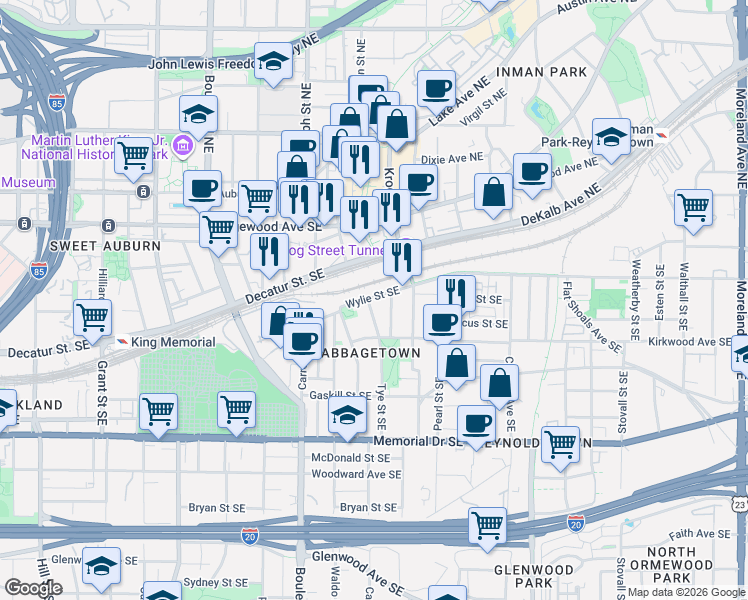 map of restaurants, bars, coffee shops, grocery stores, and more near 111 Short Street Southeast in Atlanta