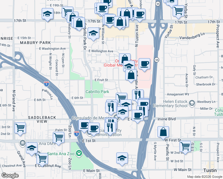 map of restaurants, bars, coffee shops, grocery stores, and more near 734 Park Center Dr in Santa Ana