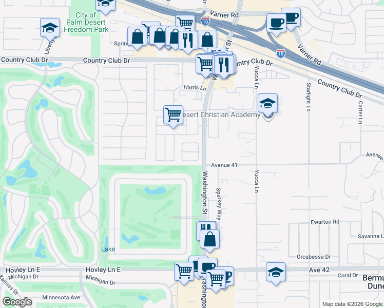 map of restaurants, bars, coffee shops, grocery stores, and more near 40785 Breezy Pass Road in Palm Desert