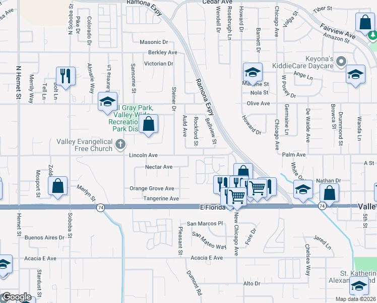 map of restaurants, bars, coffee shops, grocery stores, and more near 25461 Auld Avenue in Hemet