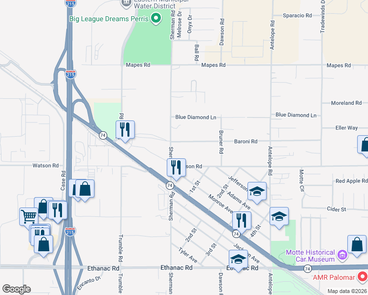 map of restaurants, bars, coffee shops, grocery stores, and more near 25450 Sherman Road in Menifee