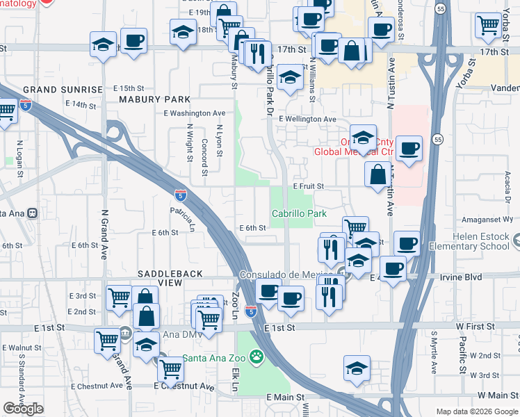 map of restaurants, bars, coffee shops, grocery stores, and more near 714 North Mantle Lane in Santa Ana