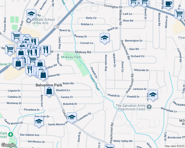 map of restaurants, bars, coffee shops, grocery stores, and more near 3213 Pinehill Drive in Decatur