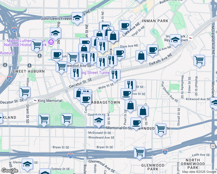 map of restaurants, bars, coffee shops, grocery stores, and more near 111 Short Street Southeast in Atlanta