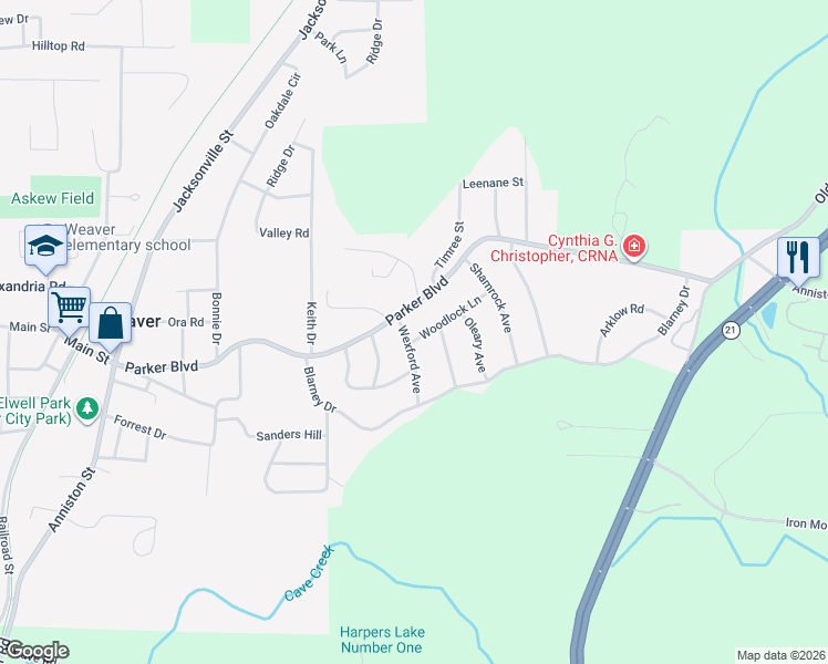 map of restaurants, bars, coffee shops, grocery stores, and more near 806 Woodlock Lane in Weaver
