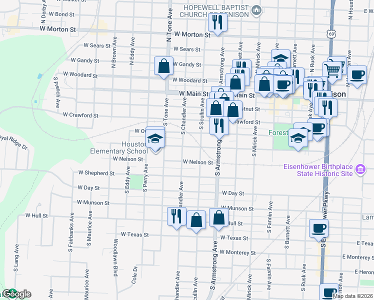 map of restaurants, bars, coffee shops, grocery stores, and more near 926 West Morgan Street in Denison