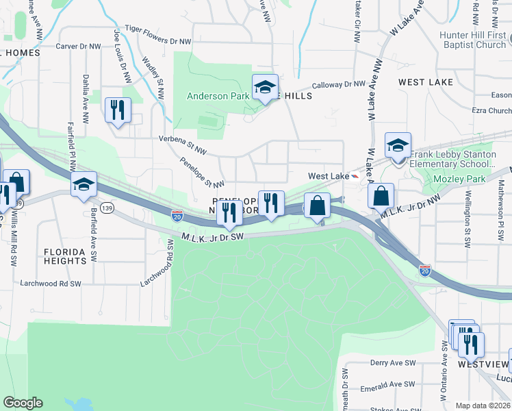 map of restaurants, bars, coffee shops, grocery stores, and more near 2040 Blayton Circle Northwest in Atlanta