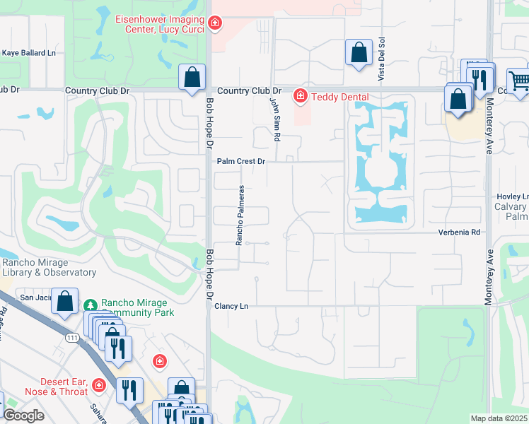 map of restaurants, bars, coffee shops, grocery stores, and more near 5 Collegiate Circle in Rancho Mirage