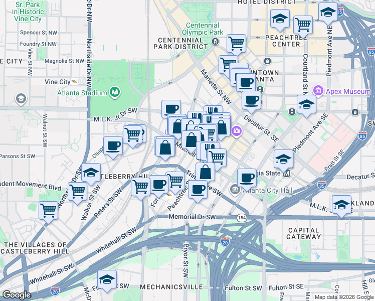 map of restaurants, bars, coffee shops, grocery stores, and more near Mitchell St SW & Forsyth St SW in Atlanta