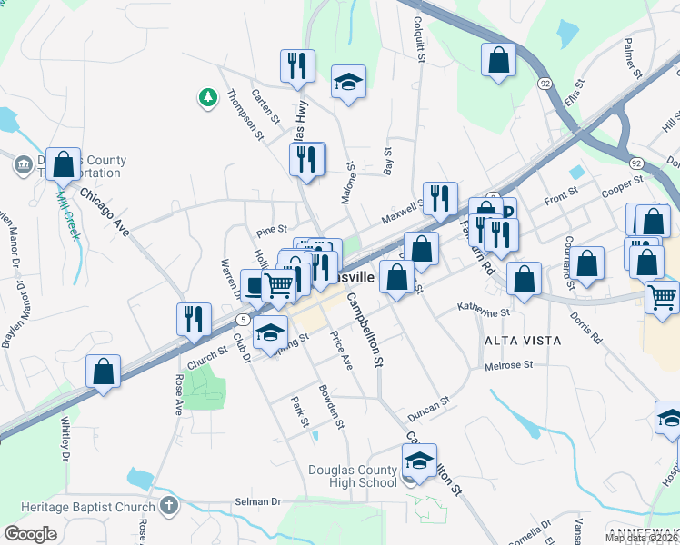 map of restaurants, bars, coffee shops, grocery stores, and more near  in Douglasville