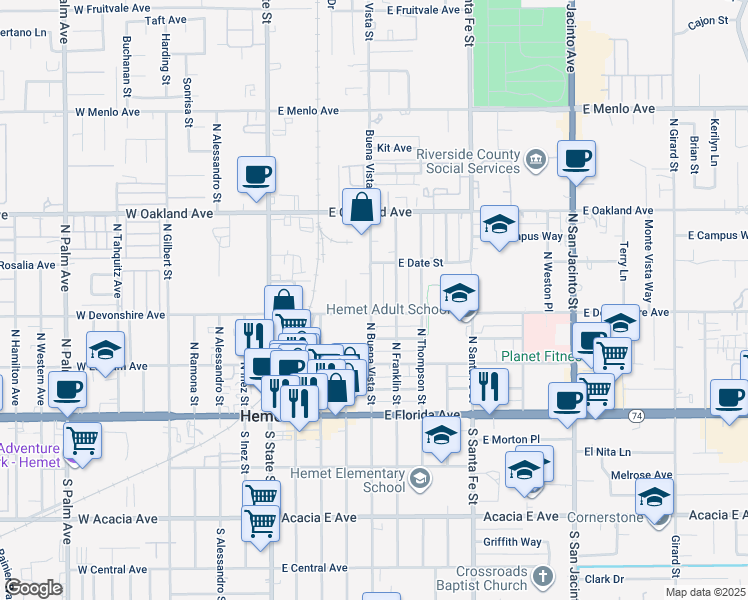 map of restaurants, bars, coffee shops, grocery stores, and more near 316 North Buena Vista Street in Hemet