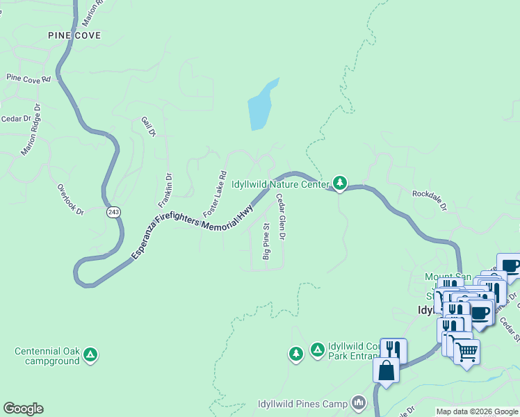 map of restaurants, bars, coffee shops, grocery stores, and more near 53620 Jeffery Pine Road in Idyllwild-Pine Cove