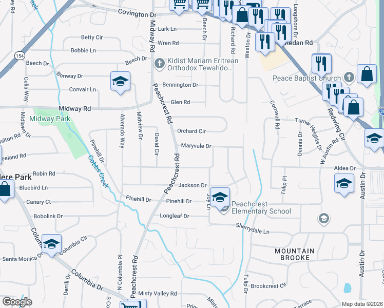 map of restaurants, bars, coffee shops, grocery stores, and more near 1424 Peachcrest Road in Decatur