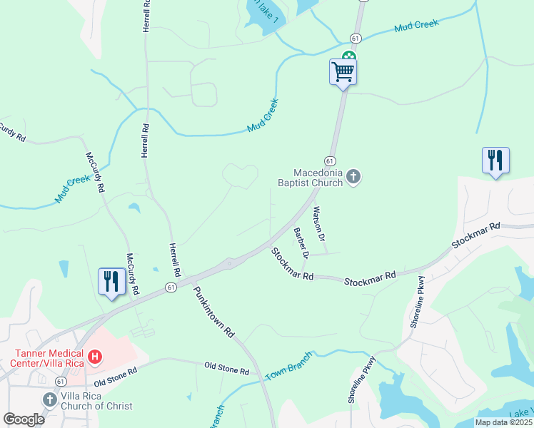 map of restaurants, bars, coffee shops, grocery stores, and more near 20 Shadow Creek Drive in Villa Rica
