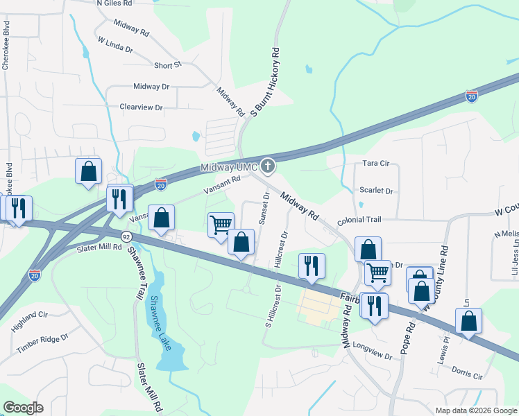 map of restaurants, bars, coffee shops, grocery stores, and more near 1962 Skyview Circle in Douglasville
