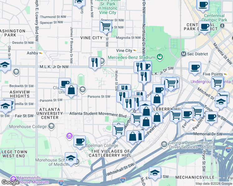 map of restaurants, bars, coffee shops, grocery stores, and more near 118 Walnut St SW in Atlanta